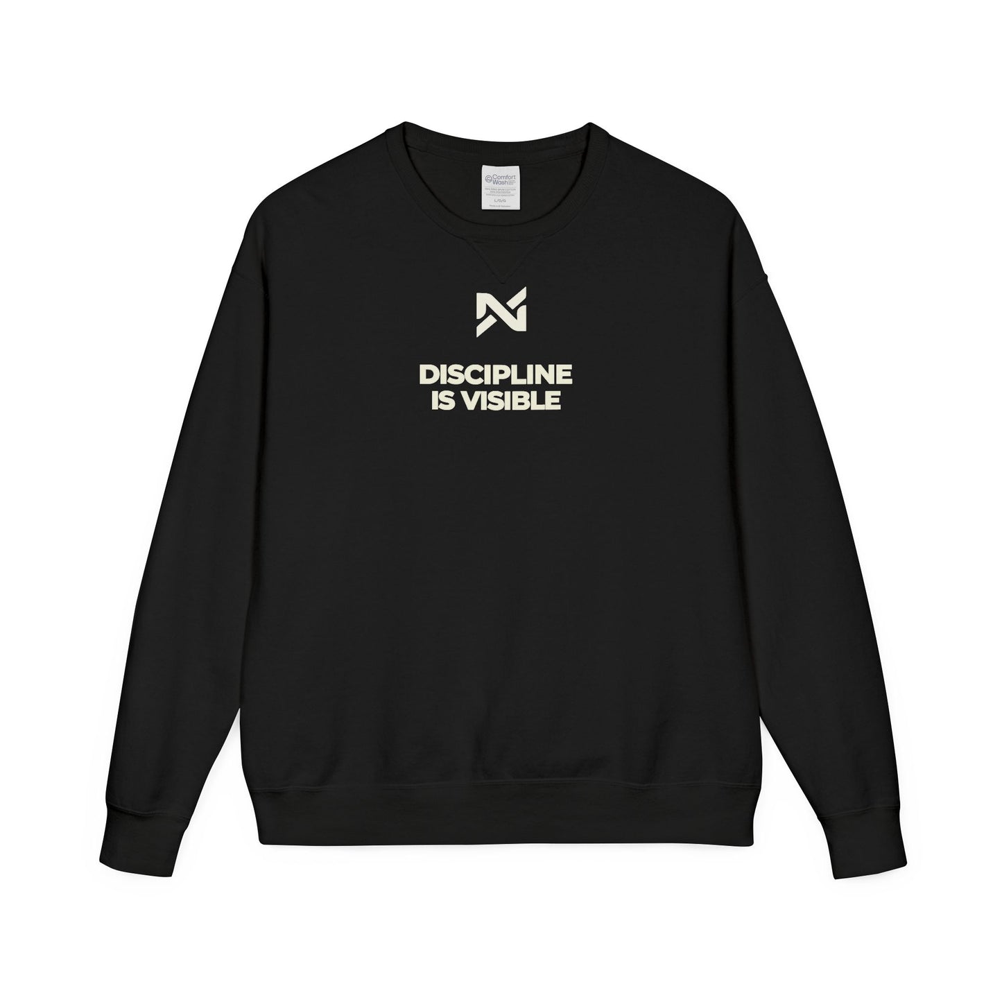 Black sweatshirt with white text and logo on a white background
