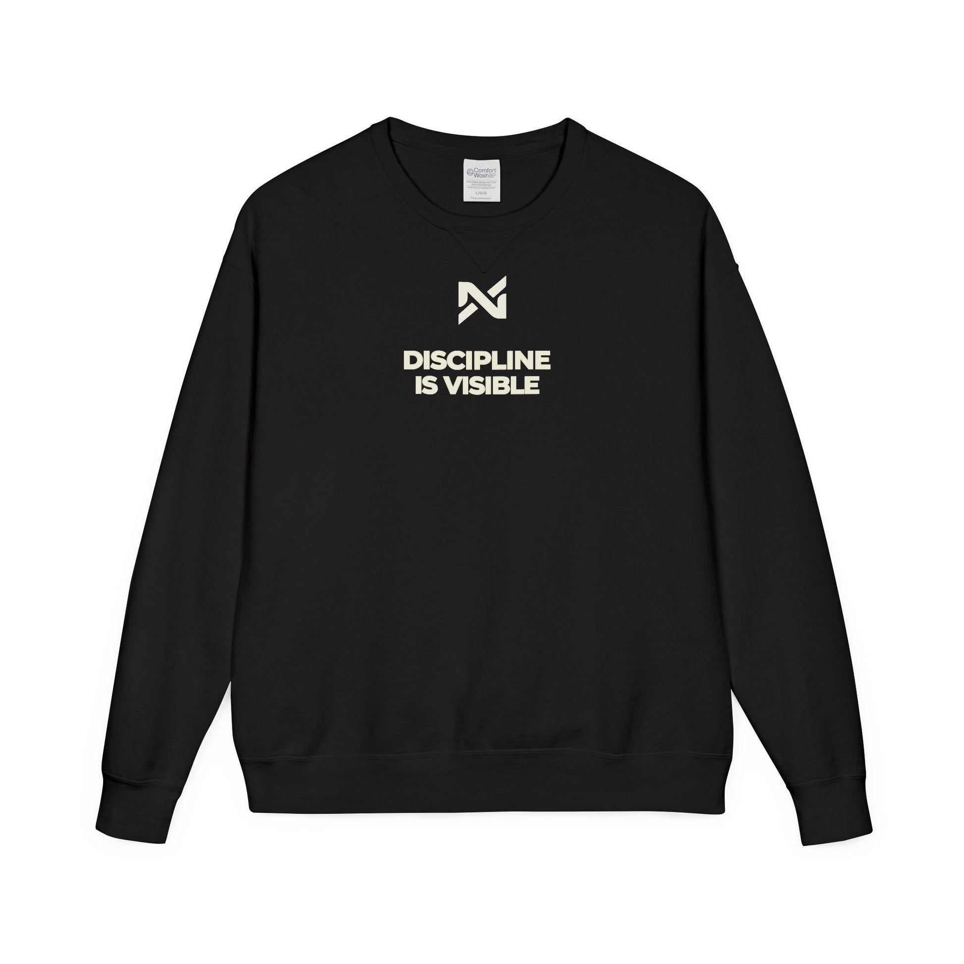 Black sweatshirt with white text and logo on a white background
