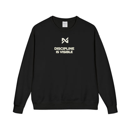 Black sweatshirt with white text and logo on a white background