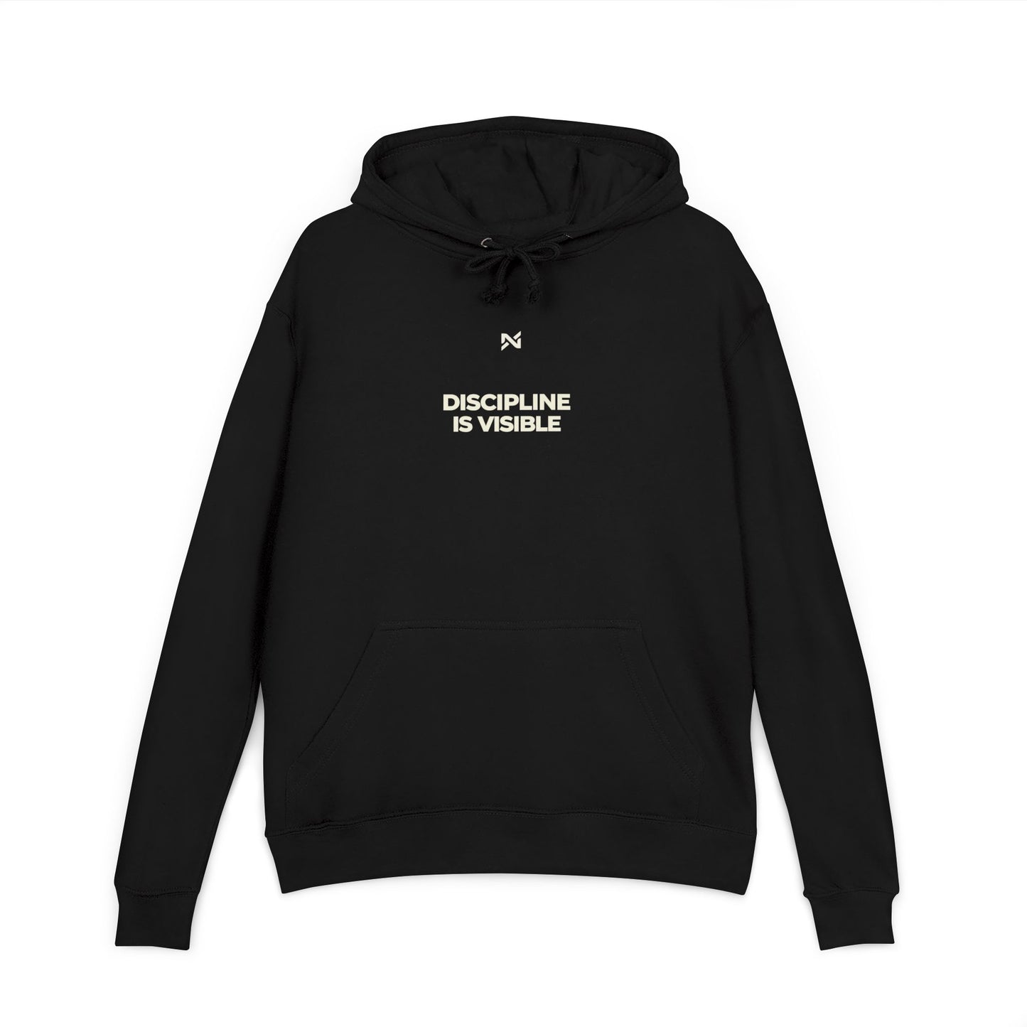 Black hoodie with 'Discipline is Visible' text on a white background