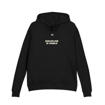 Black hoodie with 'Discipline is Visible' text on a white background