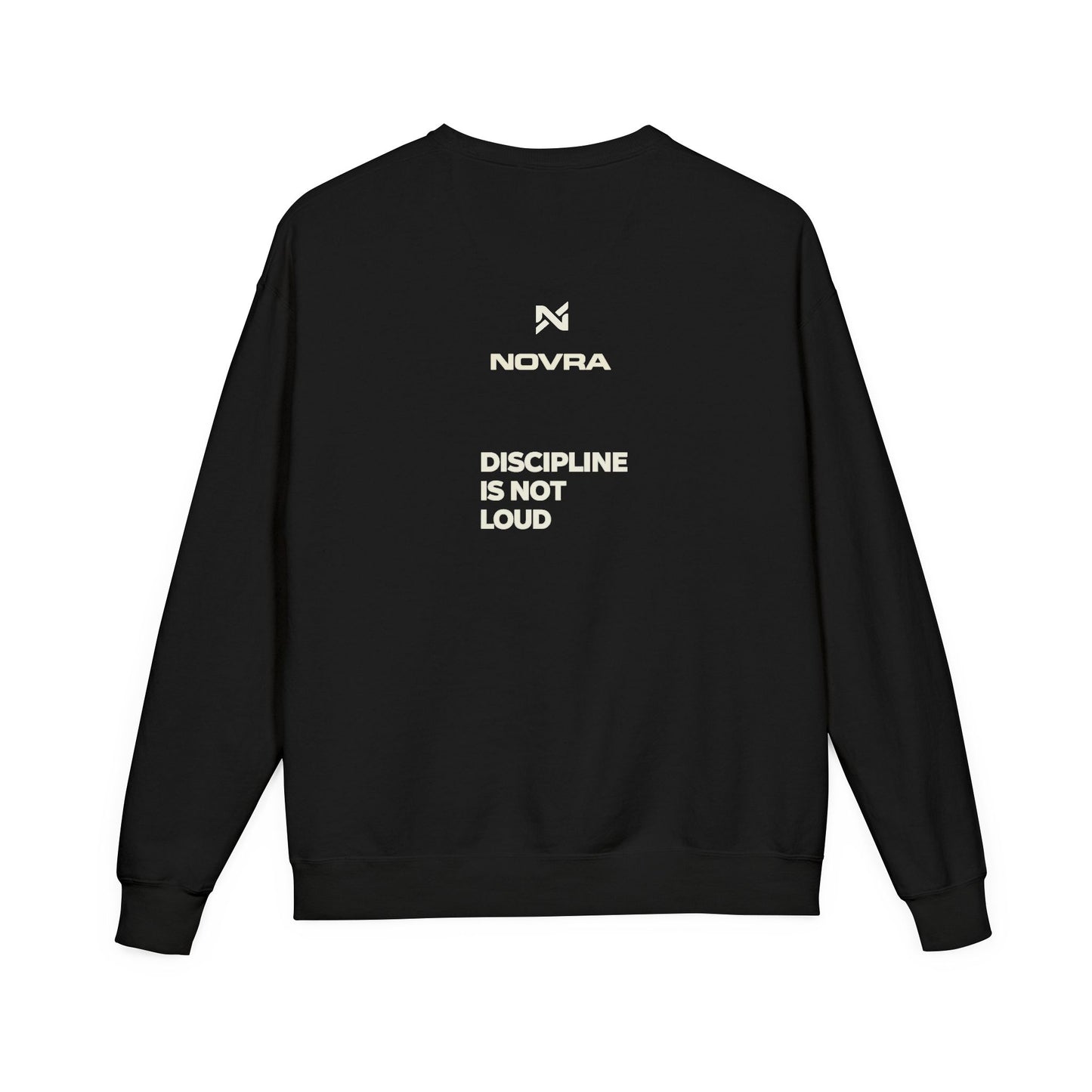 Black sweatshirt with 'NOVRA' logo and text on a white background
