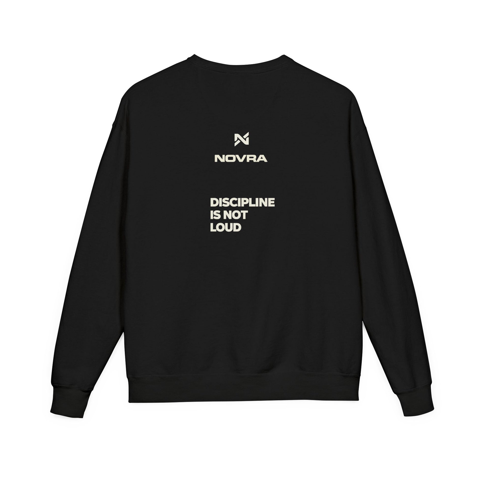 Black sweatshirt with 'NOVRA' logo and text on a white background