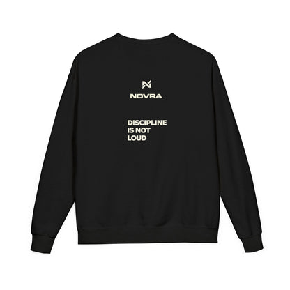 Black sweatshirt with 'NOVRA' logo and text on a white background