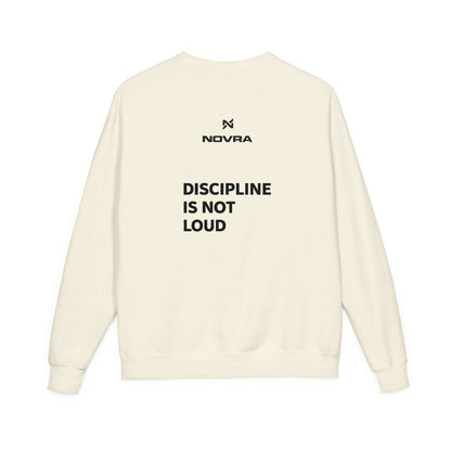 Beige sweatshirt with 'Discipline is Not Loud' text and Novra logo on a white background
