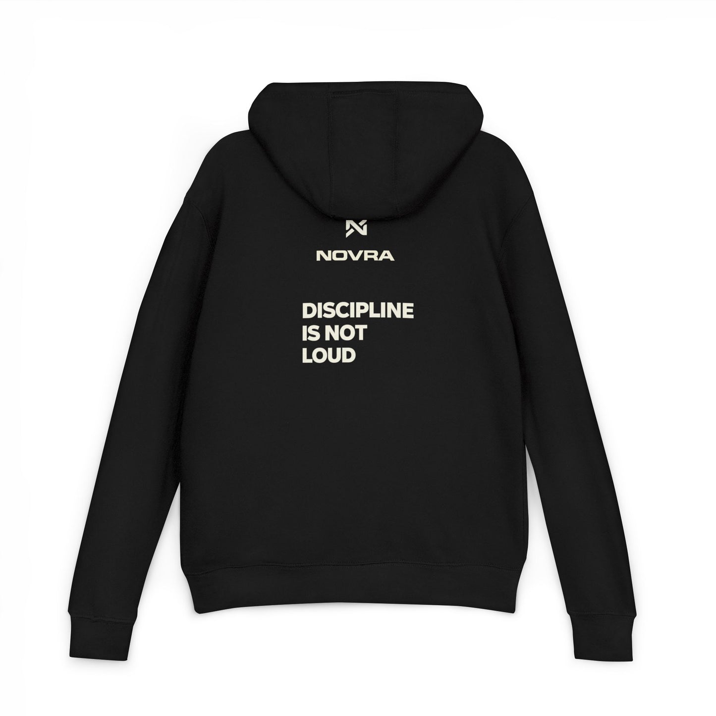 Black hoodie with 'NOVRA' logo and text on the back against a white background