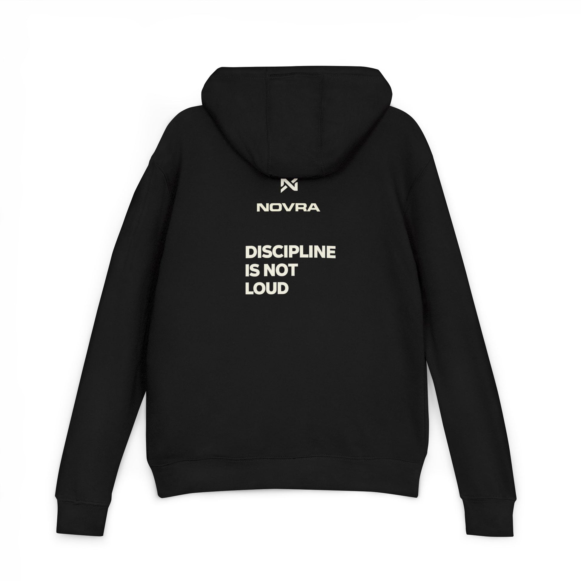Black hoodie with 'NOVRA' logo and text on the back against a white background