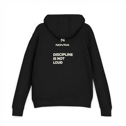 Black hoodie with 'NOVRA' logo and text on the back against a white background